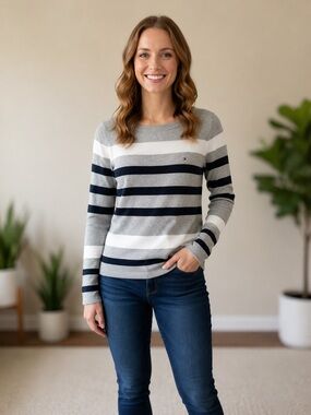 Tommy Hilfiger Grey, White & Navy Striped Crewneck Sweater